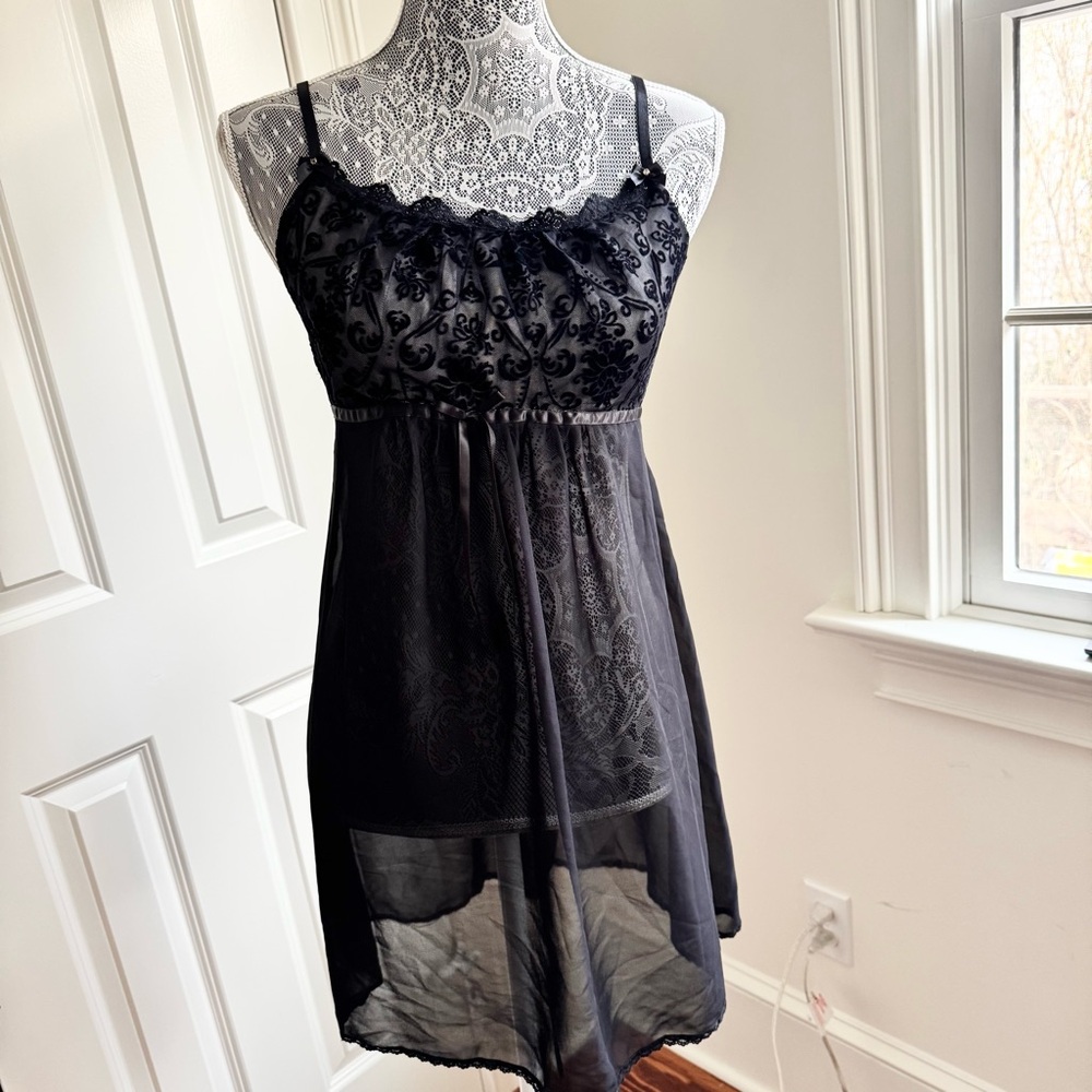 Linea Donatella Black Chemise w/ Lace & Satin Bow Goth Fairycore Size S